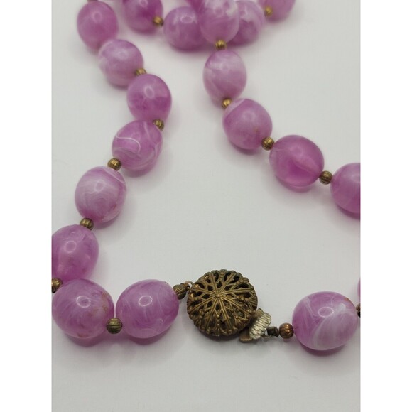 Vintage Hong Kong 60s Pink Marbled Swirl Chunky Bead 24" Plastic Necklace - Picture 2 of 4